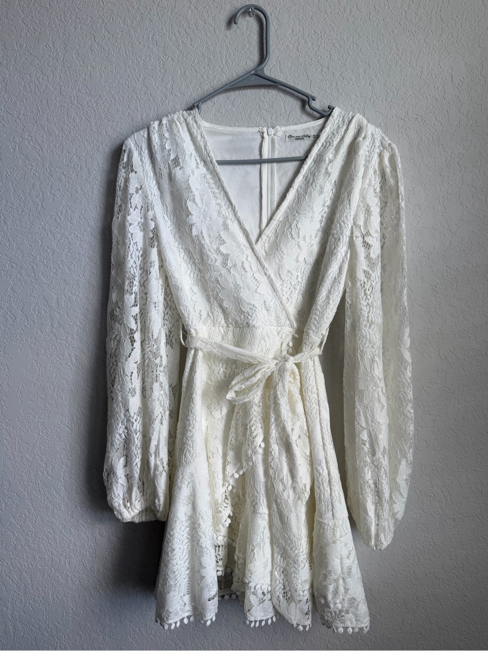 Long Sleeve Ivory Lace Wrap Dress with Tie Waist